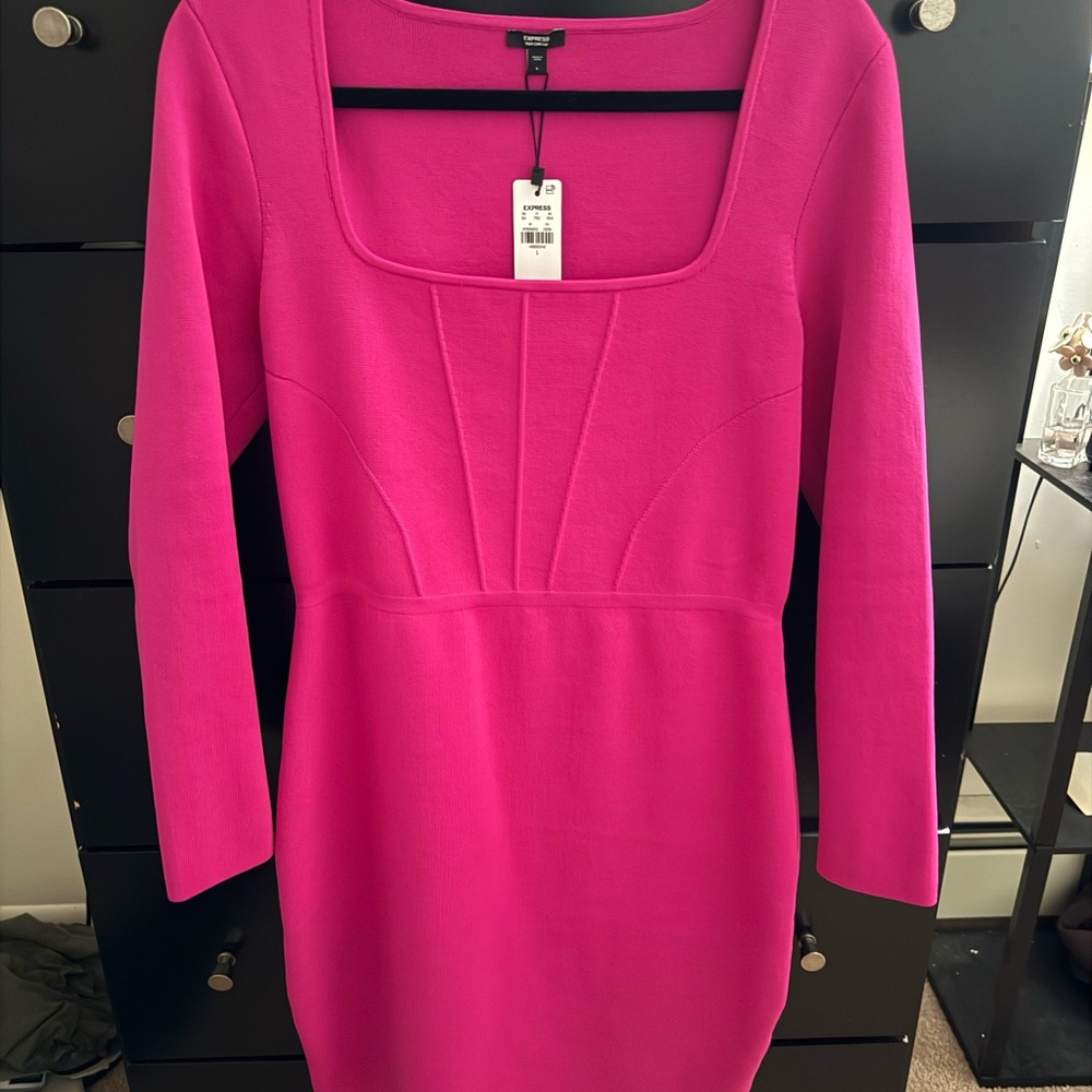 Express Pink Sheath Dress with Square Neck and Long Sleeves